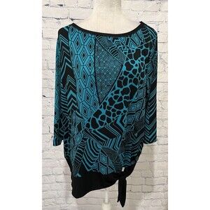 Susan Graver Printed Long Sleeve Tunic Blouse Tie Waist Size 1X Black Turquoise